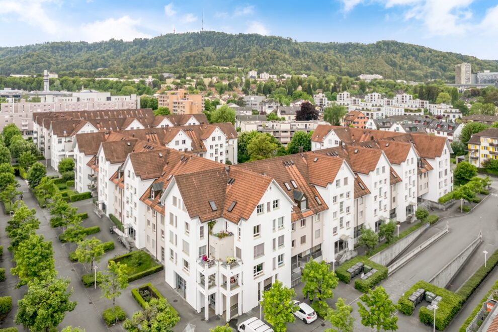 In dem Bild kann man die Züricher Wohnsiedlung "Im Tiergarten" nach der Mordernisierung sehen