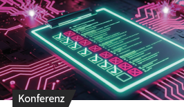 Leuchtender Prozessorchip mit Checklisten-Symbolen auf Platine in Türkis und Pink.