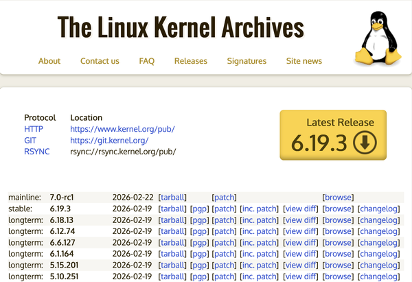 Screenshot der Website kernel.org