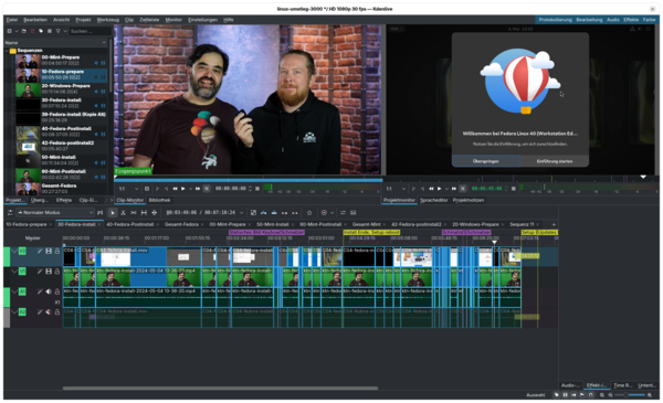 Screenshot Kdenlive Programmoberfläche mit einer Videoszene, wo Sylvester und Keywan zu sehen sind.