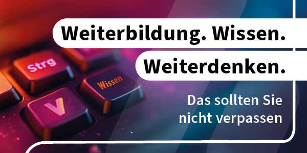 Tastatur mit orangener Wissen-Taste, daneben Slogan: Weiterbildung. Wissen. Weiterdenken.