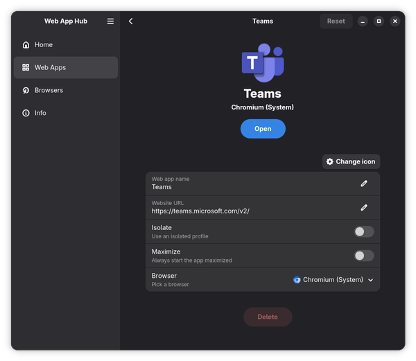 Microsoft Teams im Web App Hub.
