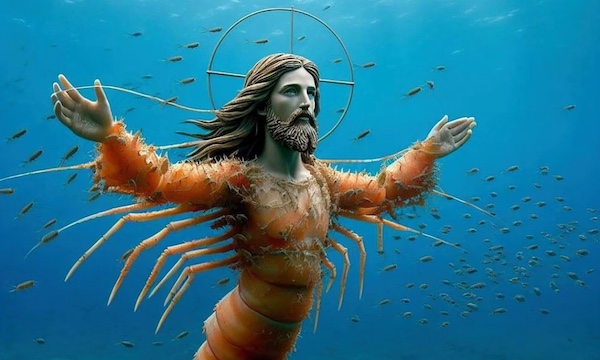 Abbildung des Shrimp Jesus, eine Jesus-Statue mit Shrimp-Elementen