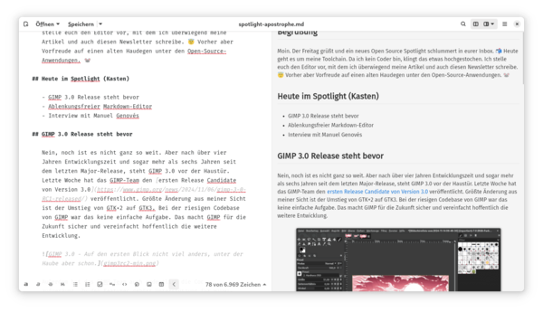 Screenshot von Apostrophe mit dem Inhalt des Spotlight Newsletters