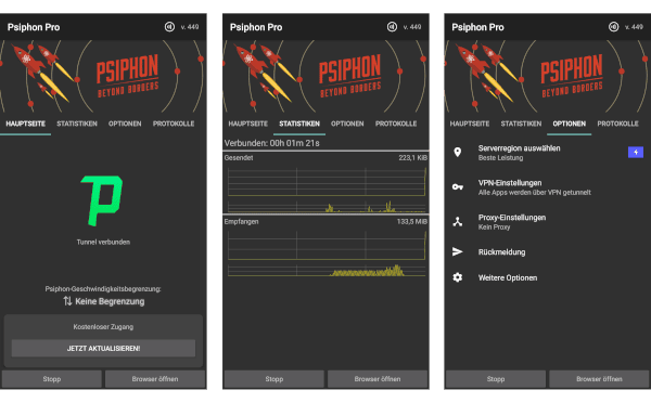 Screenshot-Collage der Psiphon-Android-App. Startbildschirm, Statistiken, Optionen.