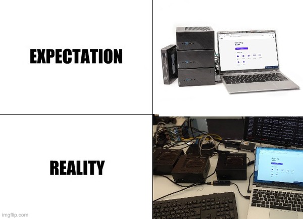 Das Expection-vs-Reality-Meme mit einem aufgeräumten und einem chaotischen Cluster aus Mini-PCs.