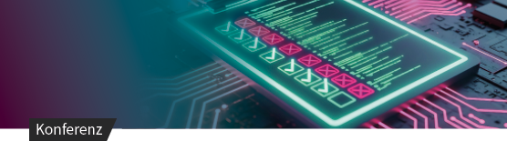 Leuchtender Prozessorchip mit Checklisten-Symbolen auf Platine in Türkis und Pink.