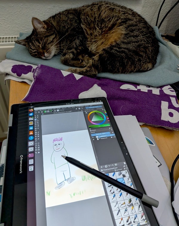 Framework 12 umgeklappt im Tablet-Modus, eine hemdsärmlige Zeichnung in Krita geöffnet, dahinter schläft eine Katze auf dem Schreibtisch.