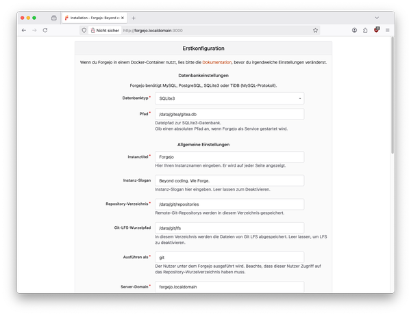 Screenshot des Installationsassistenten von Forgejo.