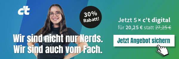 Werbung: Als weihnachtlicher Engel verkleideter ct-Redakteur empfiehlt ct-Abo mit 30 Prozent Rabatt. Bei Abo-Abschluss werden auch drei Sennheiser-Kopfhörer verlost.