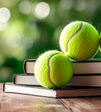 Zwei Tennisbälle liegen auf einem Bücherstapel.