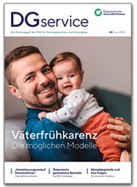 Titelseite des DGservice-Magazins Nummer zwei 2025. Das Bild zeigt einen Vater mit Baby, die Schlagzeile dazu lautet Väterkarenz, die möglichen Modelle.