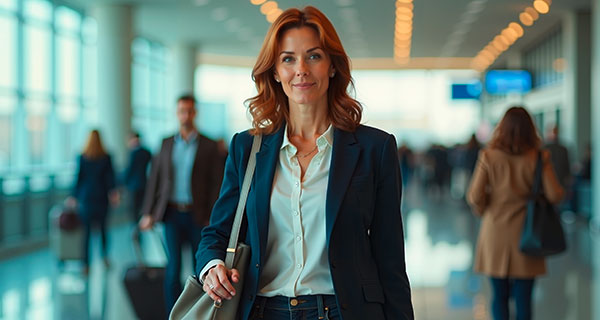 Eine Geschäftsfrau mit Handtasche in einer Halle mit weiteren Reisenden im Hintergrund.