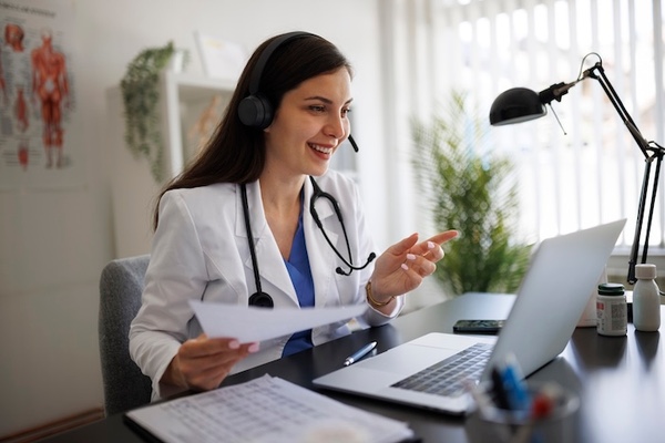 Smiling female doctor in her office wearing a headset sitting at a desk in front of a laptop.