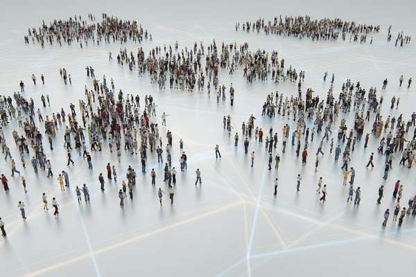 Large groups of people moving around on a blank surface with geometrical LED lines.