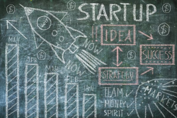 A green chalkboard with "START UP” written in capital letters and drawings of a rocket, a bar chart, dollar signs and a mind map on it.