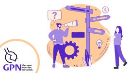 Two people standing by a signpost with arrows and symbols like a question mark, a dollar sign and a lightbulb as well as the logo of the German Postdoc Network