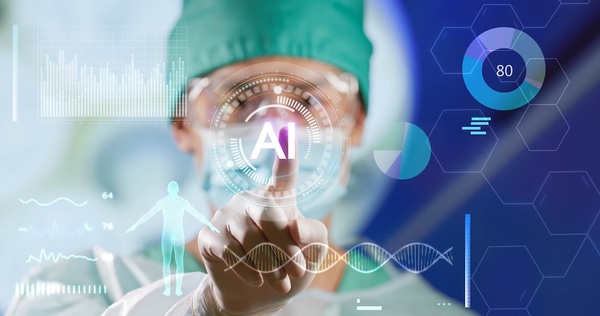 Asian surgeon wearing protective mask and gloves interacting with glowing AI holographic medical interface displaying patient body chart DNA strand and health data.