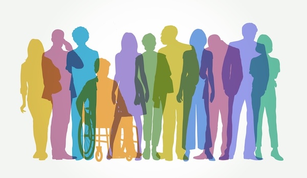 Colourful overlapping silhouettes of people in different outfits and poses.