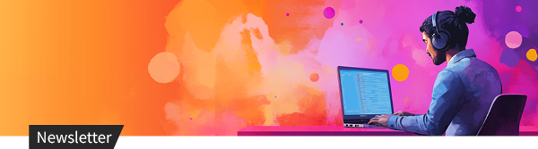 Mann sitzt an seinem Schreibtisch, er trägt Kopfhörer und ist mit dem Rücken zugewandt, vor einem orangen, rosa und lilanen Hintergrund.