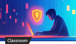 Person arbeitet am Laptop mit Schutzsymbol