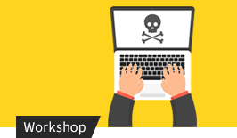 Laptop mit Schädel-Symbol, umgeben von Warn- und Analyseicons zu Cyberangriffen.