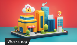 Illustrierte Stadt mit Cloud-Sicherheitssymbol, Gebäuden und Schutzschildern