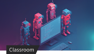 Illustration von Robotern, die gemeinsam an einer digitalen Oberfläche mit Code und KI-Anwendungen arbeiten