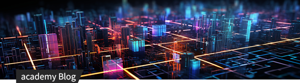 Abstrakte digitale Stadtlandschaft mit leuchtenden Datenlinien als Visualisierung moderner IT-Netzwerke.