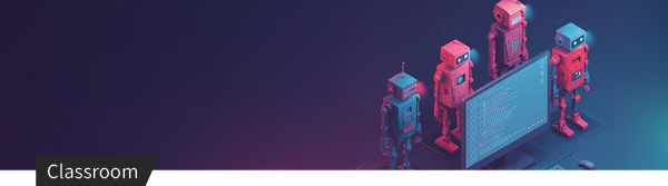 Illustration von Robotern, die gemeinsam an einer digitalen Oberfläche mit Code und KI-Anwendungen arbeiten