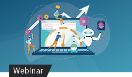 Illustration eines Laptops mit Personen, Zahnrädern und Icons als Symbol für Online-Training und Automatisierung.