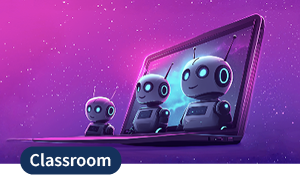 Drei Roboter mit unterschiedlichen Größen vor einem Laptop auf violettem Hintergrund