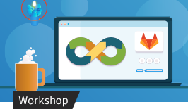 Offener Laptop mit einem Unendlichkeitszeichen und einem Fuchs. Daneben steht ein heißes Getränk. Der Hintergrund ist mittelblau und hat hellere Kreise, Workshop-Ankündigung.