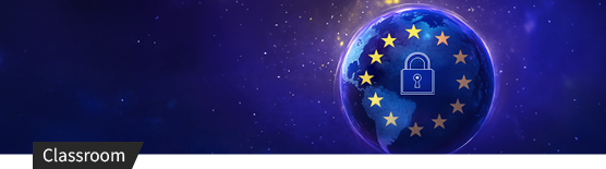 Leuchtender Globus mit EU-Sternenkreis und Schloss-Symbol vor Weltraum-Hintergrund als DSGVO-Darstellung.