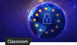 Leuchtender Globus mit EU-Sternenkreis und Schloss-Symbol vor Weltraum-Hintergrund als DSGVO-Darstellung.