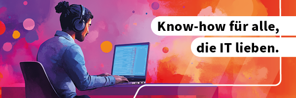 Programmierer mit Kopfhörern vor Laptop mit Code-Ansicht, umgeben von orangefarbenem Hintergrund und dem Slogan "Know-how für alle, die IT lieben."