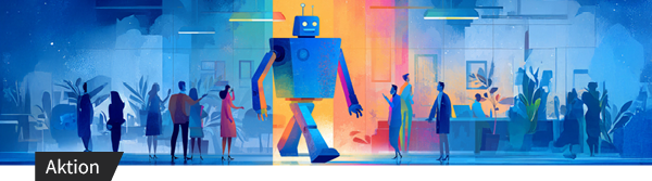 Illustration eines großen, bunten Roboters, der durch eine moderne Büroumgebung läuft