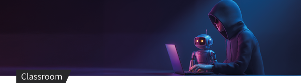 Hoodie-tragende Person arbeitet an einem Laptop neben einem kleinen Roboter, symbolisches Motiv für KI und Cybersecurity.