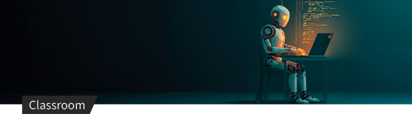 KI-Roboter arbeitet am Laptop in einem digitalen Umfeld