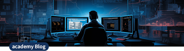 Eine Person an mehreren Monitoren in einer dunklen IT-Umgebung
