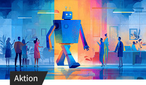 Illustration eines großen, bunten Roboters, der durch eine moderne Büroumgebung läuft