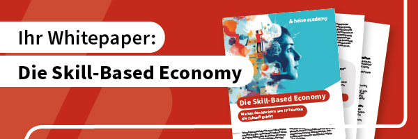 Whitepaper-Ankündigung "Die Skill-Based Economy" mit mehreren gestapelten Dokumentseiten auf rotem Hintergrund.