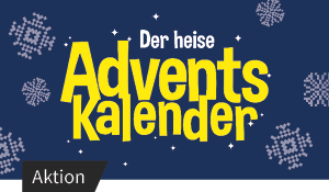 Banner "Der heise Adventskalender" mit Pixel-Art-Schneemann, Rentier, Geschenken und Schneeflocken auf blauem Hintergrund.