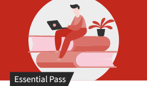 Illustration eines Mannes mit Laptop, der lernend auf einem Stapel Bücher sitzt.