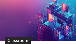 Abstrakte digitale Grafik mit vernetzten Datenstrukturen und Server-Elementen in Blau- und Lilatönen