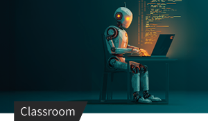 Hoodie-tragende Person arbeitet an einem Laptop neben einem kleinen Roboter, symbolisches Motiv für KI und Cybersecurity.