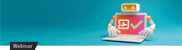 Illustration eines Laptops mit Personen, Zahnrädern und Icons als Symbol für Online-Training und Automatisierung.