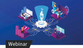 Isometrische Darstellung vernetzter digitaler Systeme um zentrale Figur mit Verbindungslinien, Webinar-Ankündigung.