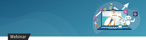 Illustration eines Laptops mit Personen, Zahnrädern und Icons als Symbol für Online-Training und Automatisierung.