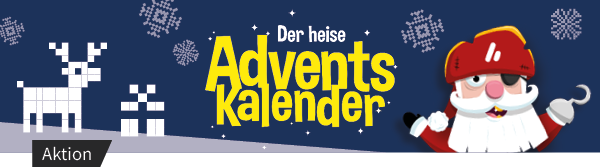 Banner "Der heise Adventskalender" mit Pixel-Art-Schneemann, Rentier, Geschenken und Schneeflocken auf blauem Hintergrund.